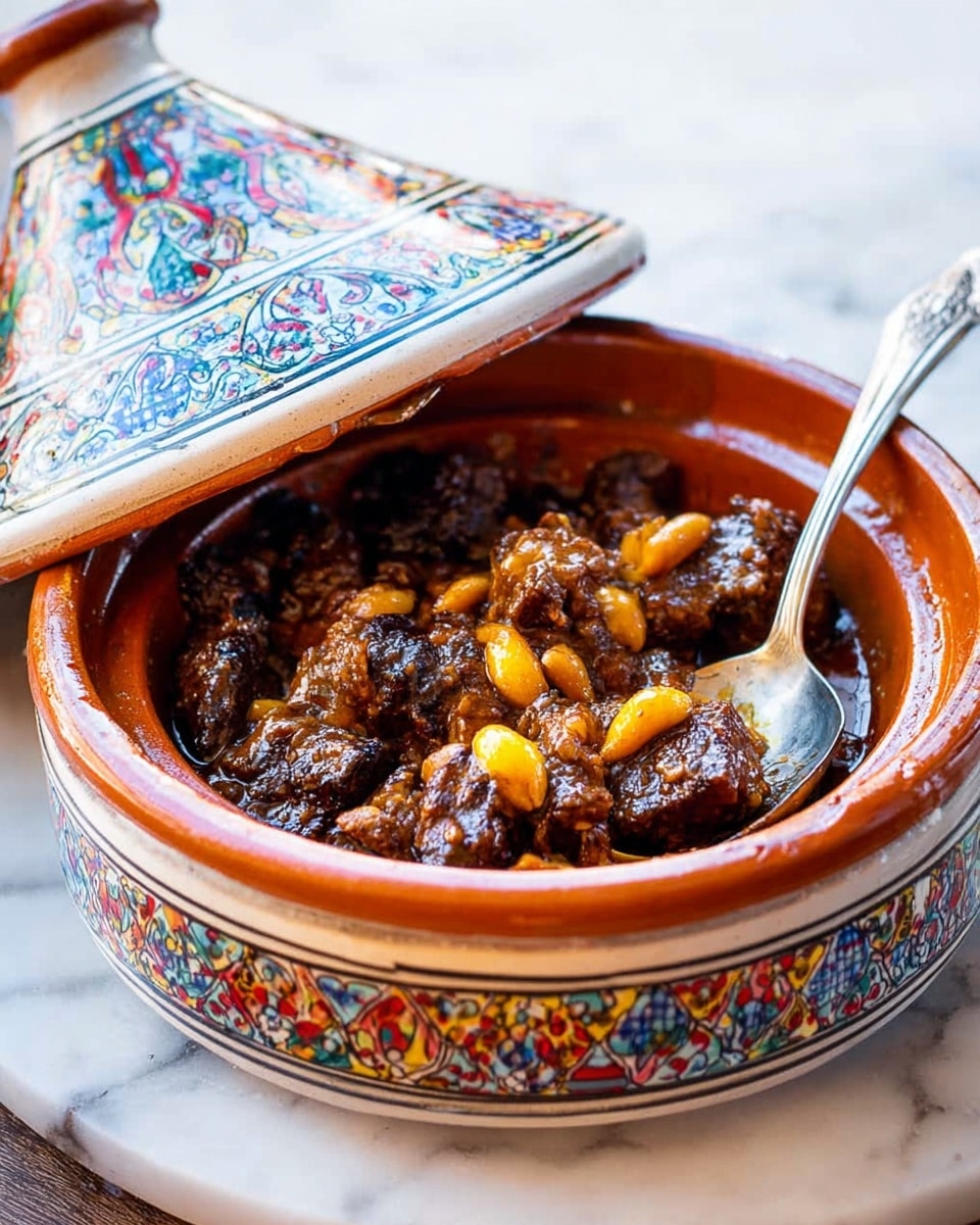 A round white ceramic tagine dish with colorful blue, red, and yellow patterns on the sides and lid is filled with soft chunks of dark brown cooked meat, mixed with yellow nuts and small grains, all resting in a thick, shiny brown sauce. A silver spoon is placed inside the tagine, leaning against the side, and the dish sits on a white marbled surface. The edges of the tagine lid are lifted just enough to show the food inside. Photo taken with an iphone --ar 4:5 --v 7