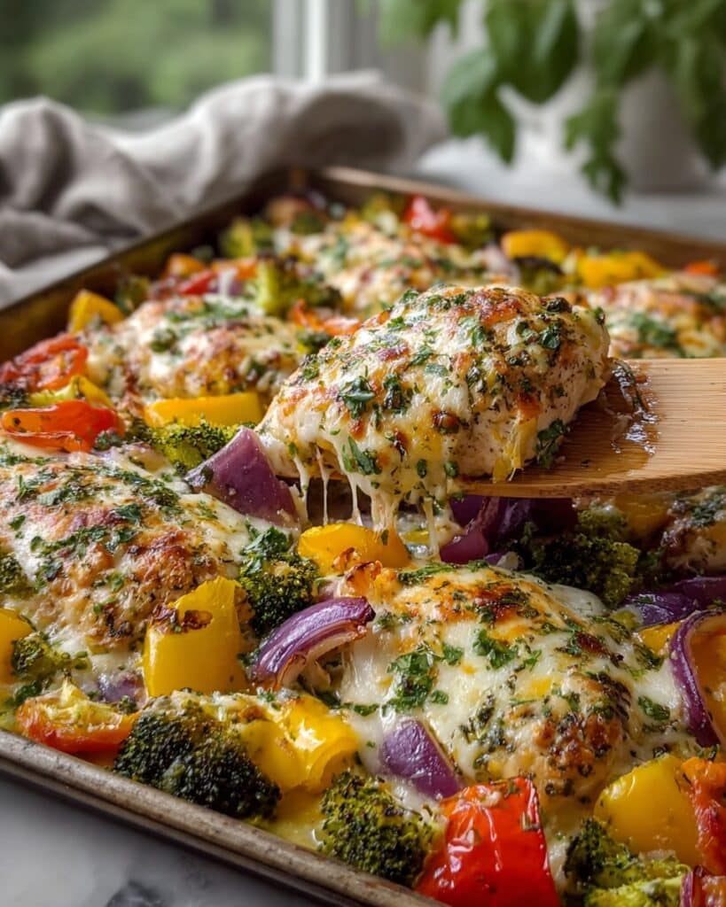 Cheesy Chicken Veggie Sheet Pan Dinner Recipe
