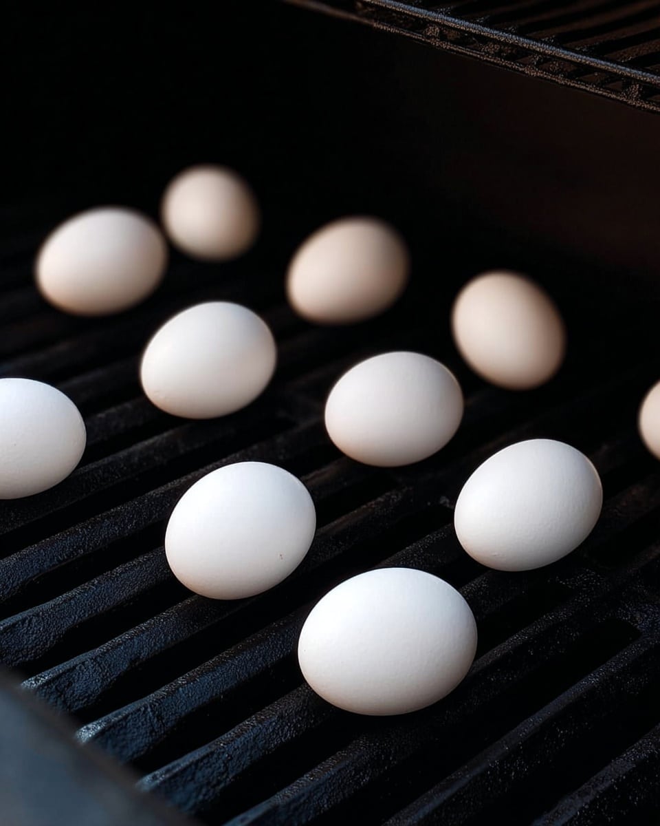 A close-up view of thirteen plain white eggs spread across the black grilling grates of a grill. The eggs are raw and evenly spaced with a smooth shell texture, resting directly on the dark, ribbed metal surface. The background and surrounding area in the grill are shadowy and black, emphasizing the light color of the eggs. The scene is simple and focused, with no other objects in sight. Photo taken with an iphone --ar 4:5 --v 7