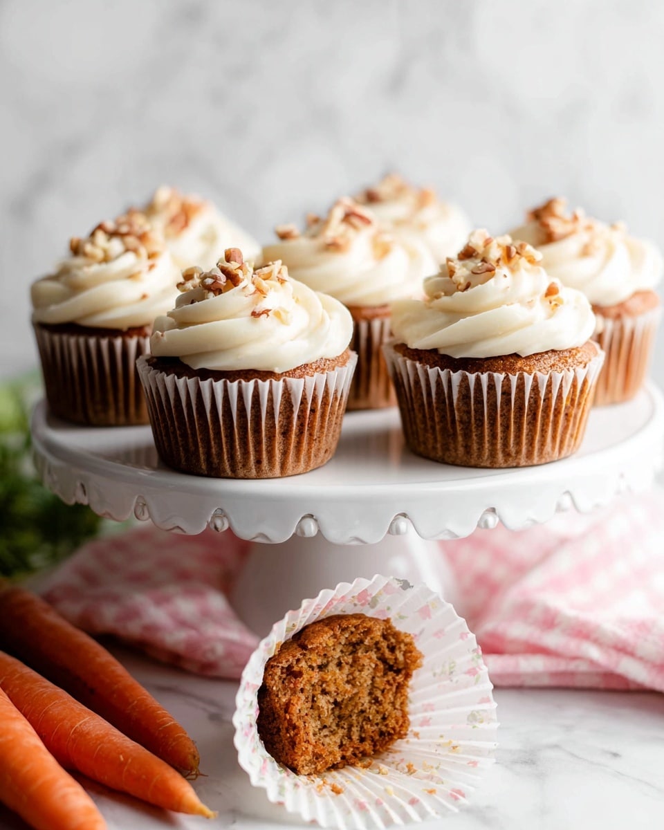 A group of six brown carrot cupcakes are arranged on a white cake stand with a ruffled edge, each cupcake featuring a light cream-colored swirl of frosting on top with small pieces of chopped nuts sprinkled over the frosting; one cupcake in the front has its white paper wrapper partly peeled back to reveal the textured moist cake inside, and a few whole carrots and a pink gingham cloth lay slightly out of focus at the base of the stand on a white marbled surface. Photo taken with an iphone --ar 4:5 --v 7