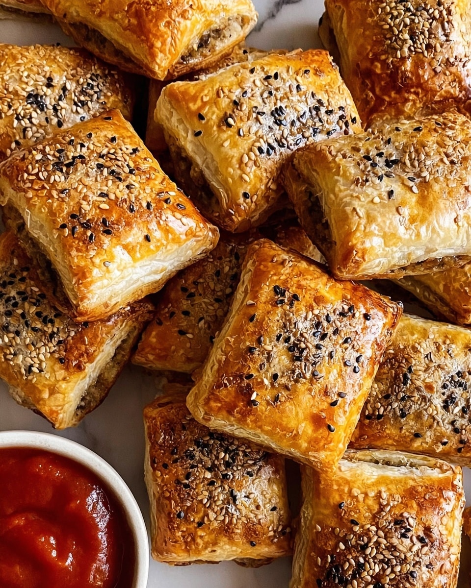 A group of small square pastries with a golden brown flaky crust are piled together on a white marbled surface. Each pastry has a textured top sprinkled evenly with various seeds including black and white sesame seeds and fennel seeds. Some pastries show a visible filling inside that looks light brown and moist. In the bottom left corner, there is a white bowl partially visible filled with a thick red sauce. The overall scene feels warm and inviting. photo taken with an iphone --ar 4:5 --v 7