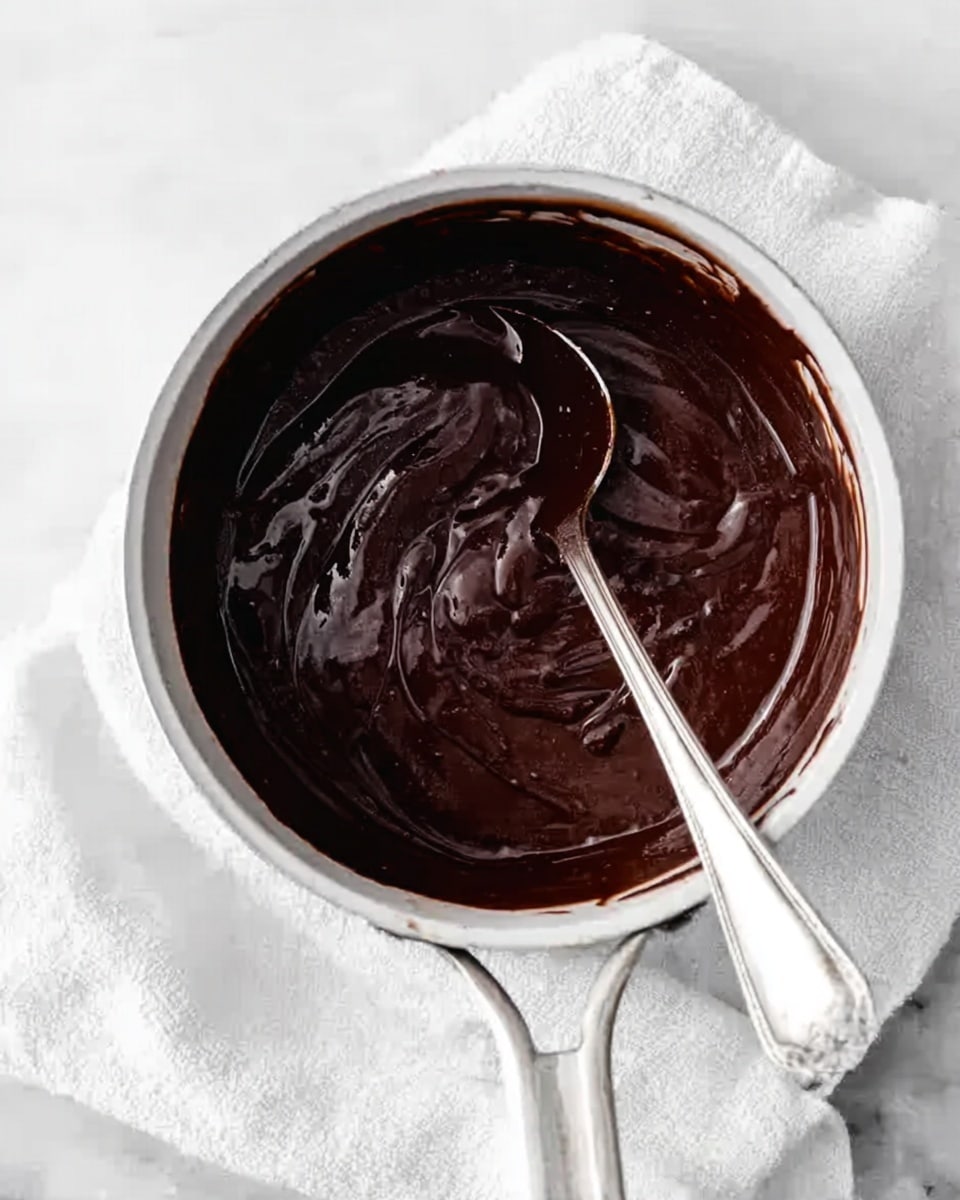 A white saucepan is filled with thick, dark brown chocolate sauce that has a smooth and shiny texture. A silver spoon rests inside the saucepan, partially covered by the rich chocolate mixture, with some swirls visible on the surface showing its creamy consistency. The saucepan is placed on a white marbled surface with a white cloth nearby. Photo taken with an iphone --ar 4:5 --v 7