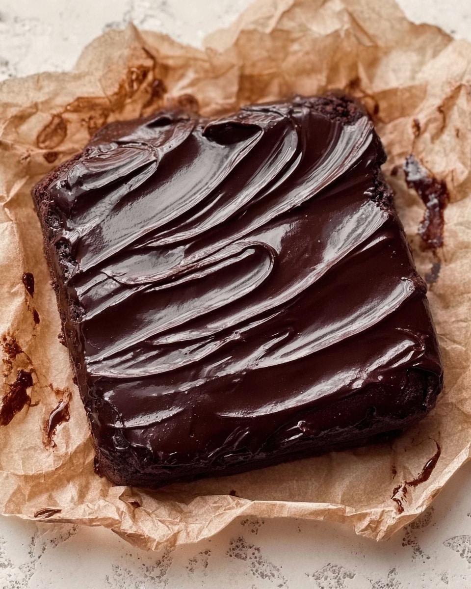 A square-shaped chocolate brownie covered in a thick, shiny layer of dark chocolate ganache, with smooth, even swirls on top. The brownie rests on crumpled baking paper with some chocolate smudges around the edges. The texture of the brownie looks rich and dense, and the ganache has a glossy finish that reflects light softly. The background is a white marbled texture. Photo taken with an iphone --ar 4:5 --v 7