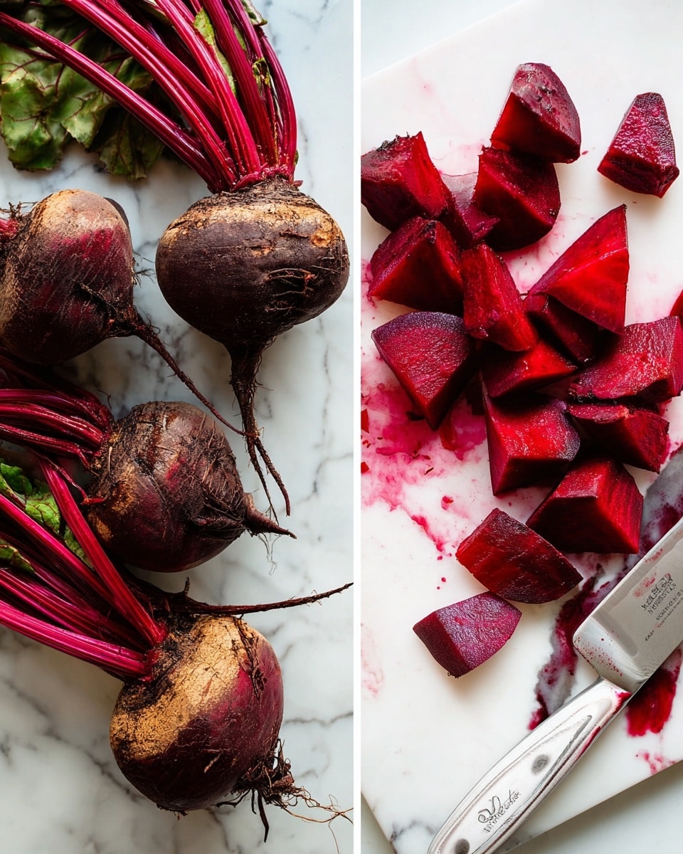 The image shows two parts: on the left, there are four whole beetroots with dark red skin and some dirt on them, attached to long red stems with green leaves, placed on a white marbled surface. On the right, the scene shows several pieces of beetroot with deep red flesh cut into uneven chunks scattered on a white marbled surface, next to a large knife with a white handle that has some red beetroot juice stains on the blade. photo taken with an iphone --ar 4:5 --v 7
