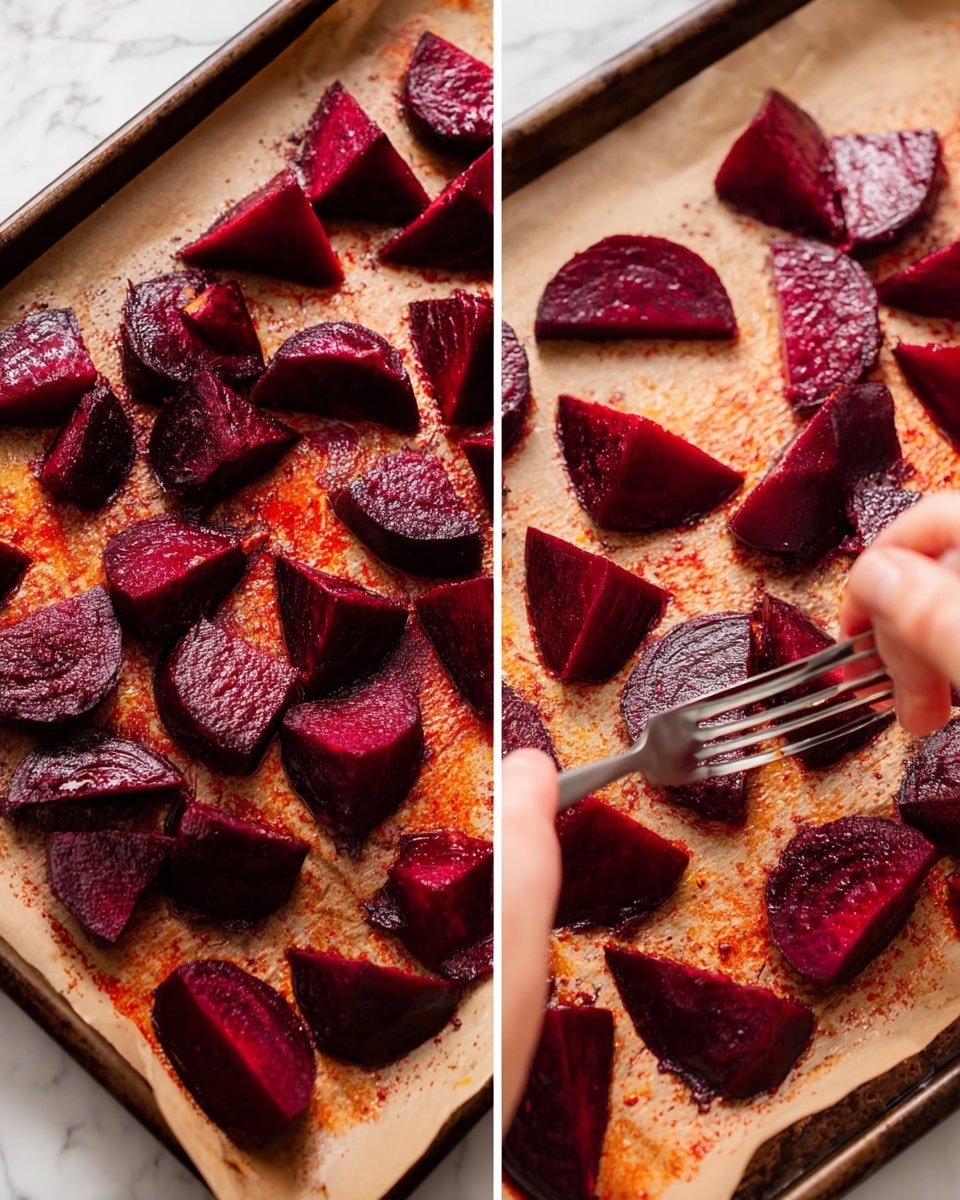 The image shows two close-up views of roasted beet pieces on a baking tray lined with parchment paper, placed on a white marbled surface. The beets are cut into thick wedges, with a deep dark red to purple color and a slightly shiny texture from oil. On the right side, a woman's hand is holding a fork that is gently pressing down on one beet piece, showing the soft surface texture. The tray has visible oil marks and some browned edges on the parchment, indicating roasting. The scene is brightly lit to emphasize the rich color of the beets and the rustic feel of the roasting process. photo taken with an iphone --ar 4:5 --v 7