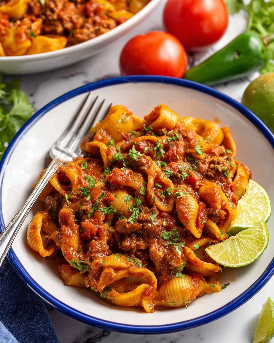 A close-up view of a bowl filled with pasta shells covered in thick, rich reddish-brown meat sauce mixed with small bits of tomato and garnished with bright green chopped herbs scattered on top; two lime wedges rest on the upper right edge of the bowl. The bowl is white with a blue rim and has a silver fork resting inside on the left side. In the background, slightly out of focus, is a large white bowl also filled with pasta in sauce, along with whole red tomatoes and some green jalapeños, all on a white marbled surface. photo taken with an iphone --ar 4:5 --v 7