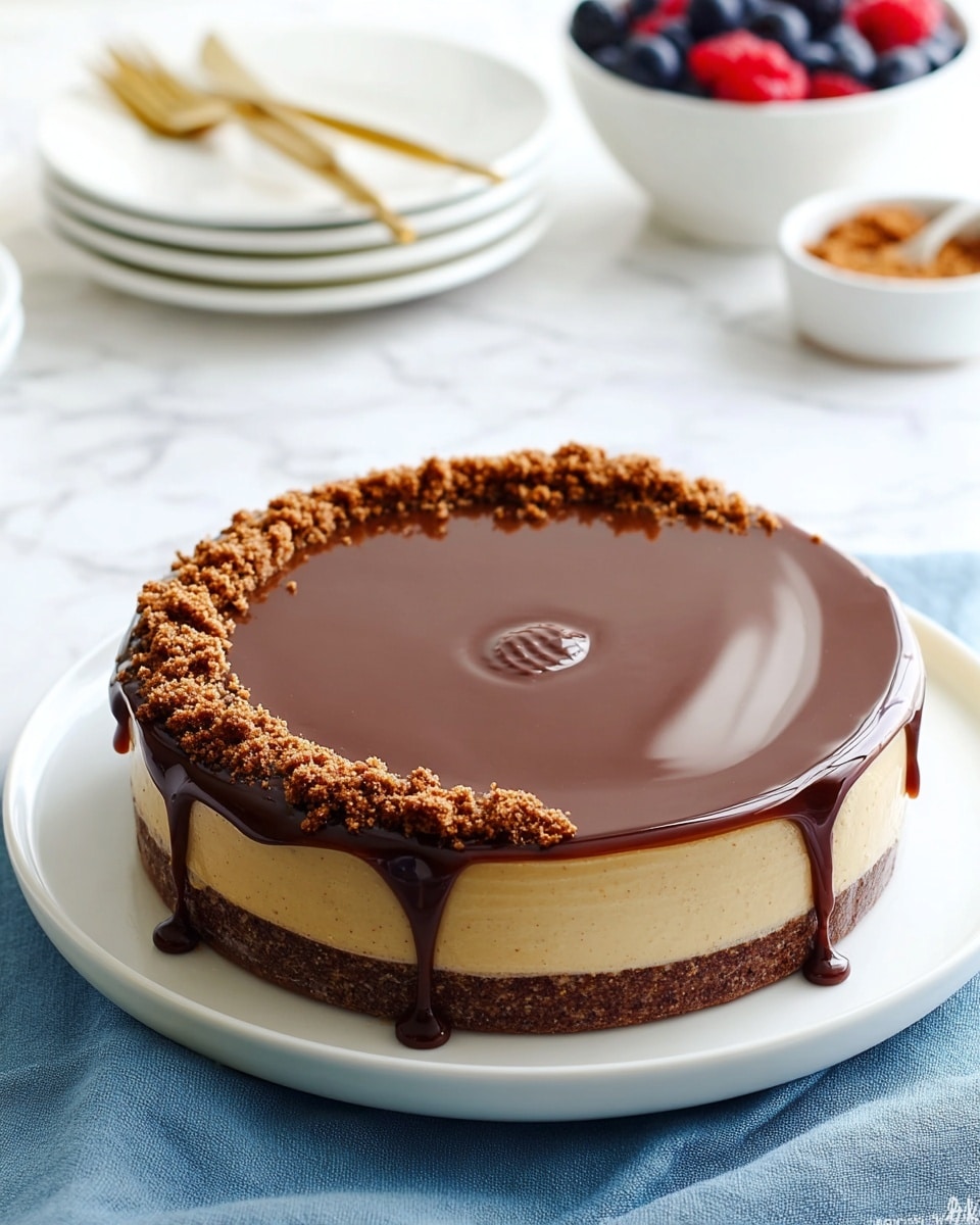 A round cake with three visible layers sits on a white plate over a blue cloth. The bottom layer is a dark brown crumb base, topped with a light tan creamy middle layer. The top layer is a smooth, shiny milk chocolate glaze with a small swirl at the center. Crumbled dark brown crumbs form a neat circle near the edge of the top. A few drips of chocolate glaze drip down the side of the cake. In the background, a white bowl with mixed berries and a small white bowl of brown crumbs sit on a white marbled surface, along with stacked white plates and gold forks. Photo taken with an iphone --ar 4:5 --v 7