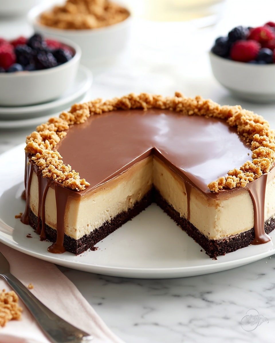 A round dessert with three visible layers sits on a white plate placed on a white marbled surface. The bottom layer is dark brown and crumbly, the middle layer is thick and creamy pale beige, and the top layer is smooth milk chocolate with a glossy finish that drips slightly over the sides. Around the edge of the top chocolate layer, there is a ring of crumbled bits in a golden brown color. One slice is removed and placed in front, showing these three layers clearly, with light reflecting softly off the glossy chocolate. In the background, a white bowl filled with mixed berries and another bowl with a crumbly topping are slightly out of focus. Photo taken with an iphone --ar 4:5 --v 7