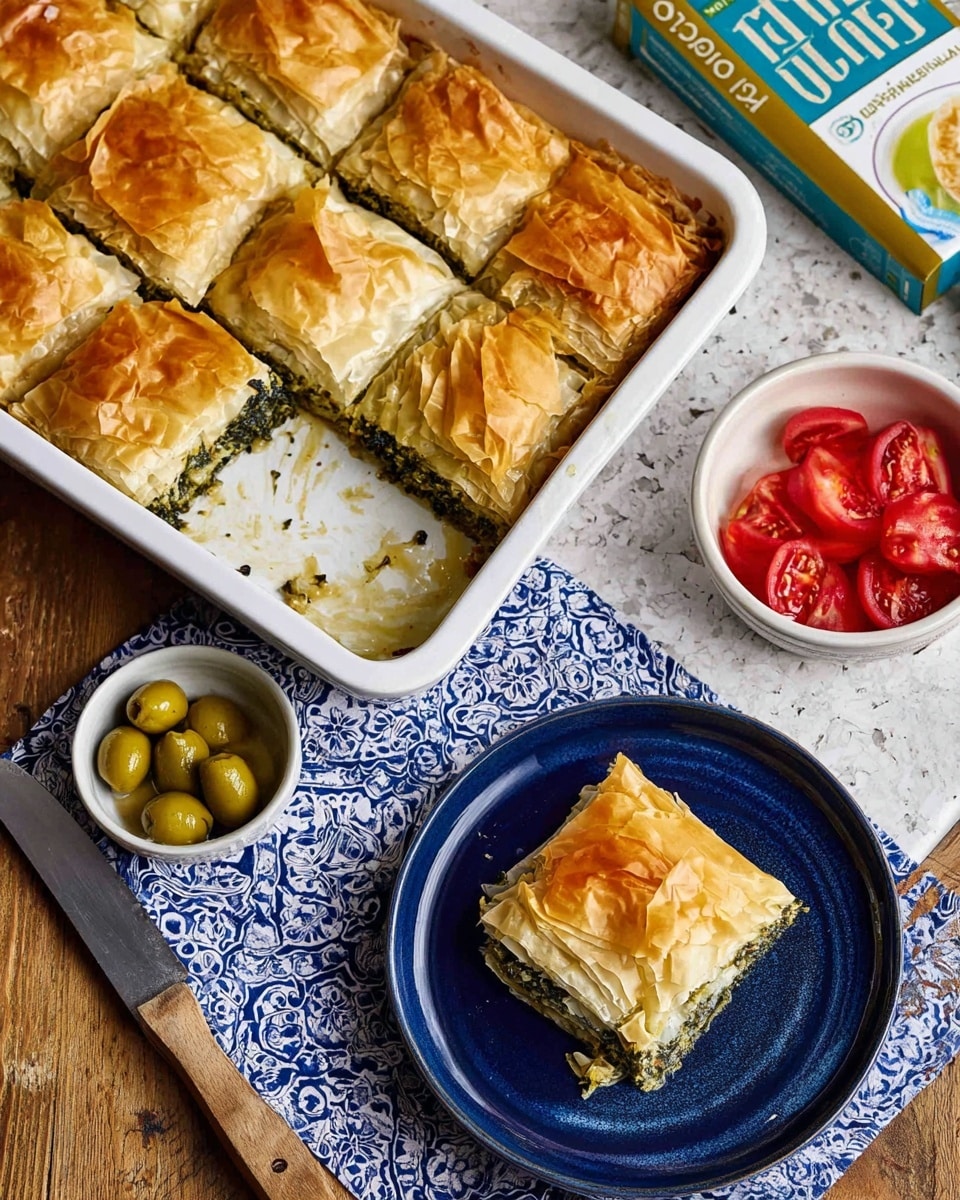 The image shows a white baking dish with multiple slices of spinach and cheese pie, each made of thin, flaky golden layers on top and bottom with a dark green spinach filling inside, some pieces already taken out. Nearby is a single square piece of the same pie on a deep blue plate, showing its light golden flaky top layer and green filling underneath. There are two small white bowls; one holds shiny green olives in olive oil, the other has red tomato wedges. A knife lies on a white and blue patterned cloth next to the baking dish on a wooden table, and to the side is a box of organic filo dough. The whole scene is on a wood surface with a white marbled texture background. Photo taken with an iphone --ar 4:5 --v 7