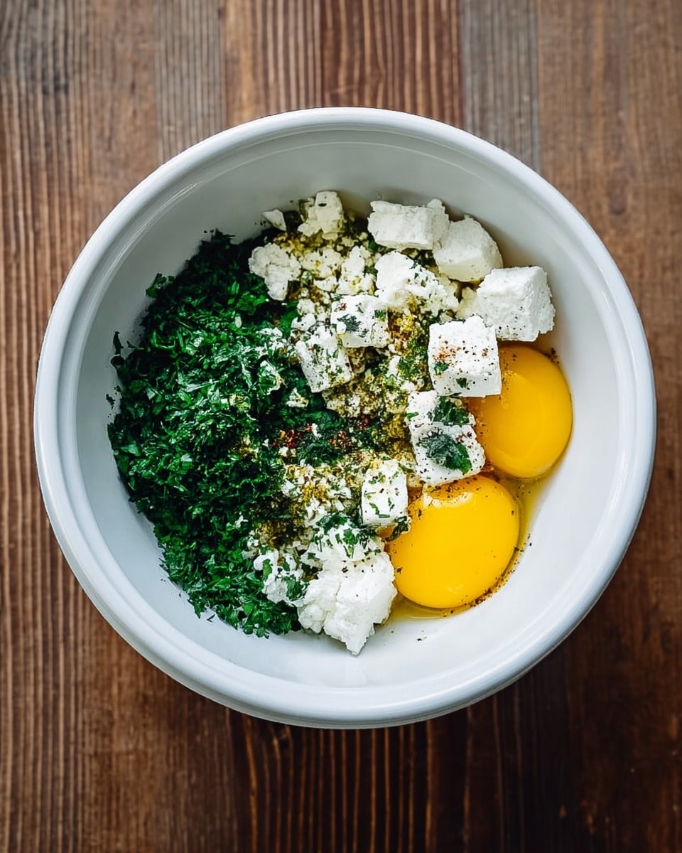 A white bowl sits on a wooden surface showing ingredients before mixing. Inside the bowl, there are three raw egg yolks on the right side, bright yellow and smooth. On the left side, there is a pile of finely chopped green herbs, dense and fresh. Above and around the eggs, there are white cubes of soft cheese, sprinkled with black pepper and some green spices. The bowl is clean and simple, with all the ingredients separate and easy to see. photo taken with an iphone --ar 4:5 --v 7