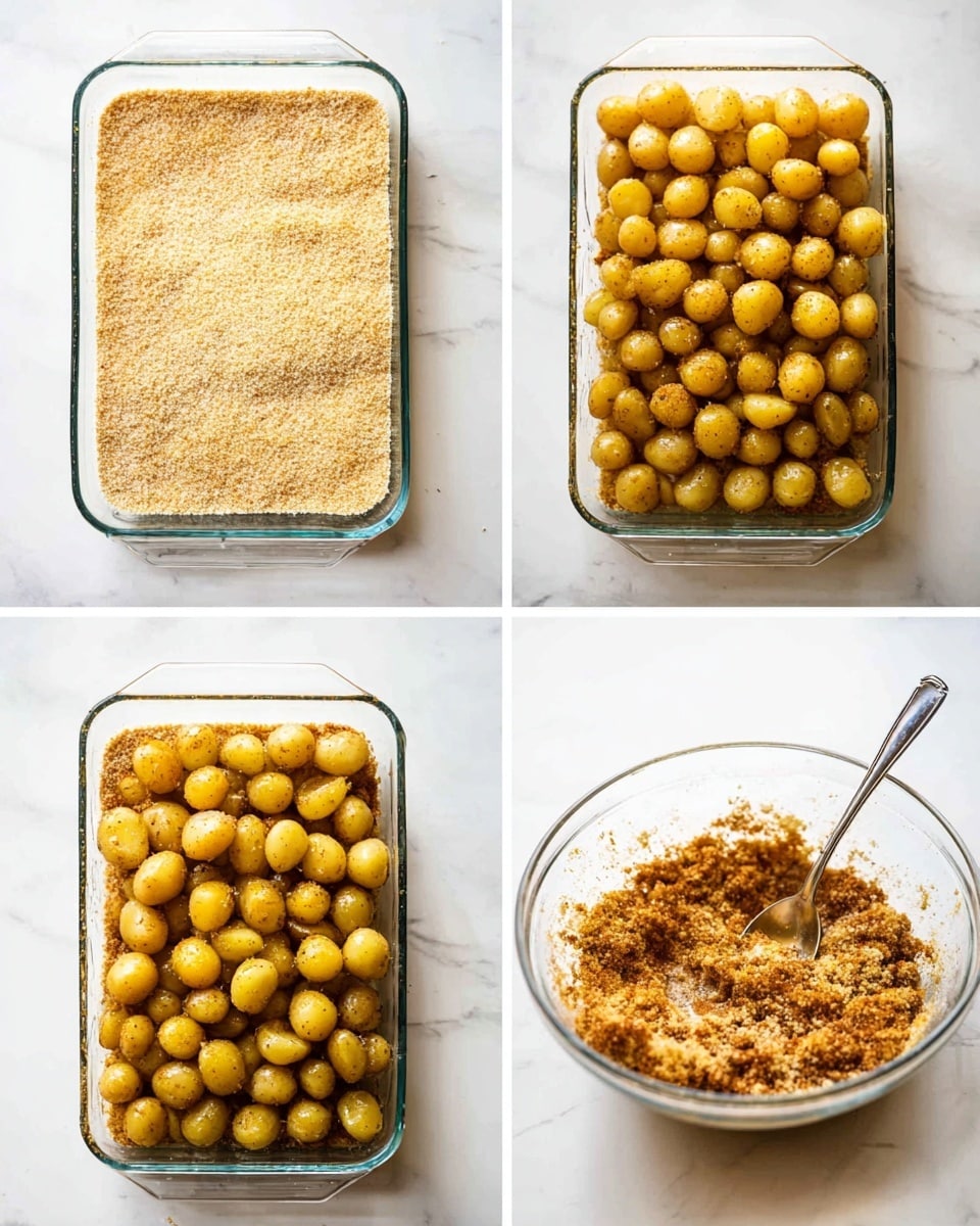 The image shows a clear glass rectangular baking dish on a white marbled surface in four different views. The top left view has one thin bottom layer of light tan breadcrumbs spread evenly across the dish. Below that, the middle left view shows a second layer consisting of many small, round, yellow baby potatoes closely arranged on top of the breadcrumbs layer. The top right view shows a clear glass bowl filled with the same light tan breadcrumb mixture being stirred with a silver spoon. The bottom view shows the finished dish, with the baby potatoes cooked to a darker golden brown color, sitting on a crisped, browned breadcrumb layer. The scene is bright with soft natural light shining on the textures and colors. photo taken with an iphone --ar 4:5 --v 7