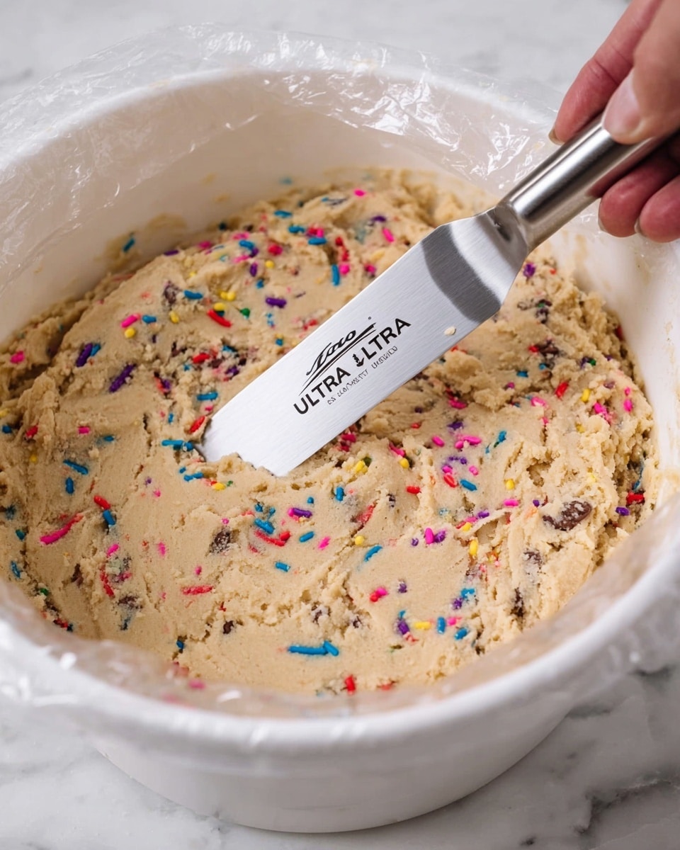 A close-up image of a white bowl filled with cookie dough that has colorful sprinkles and chocolate chips mixed in. The dough is light tan with a slightly rough texture, and small red, yellow, blue, green, purple, and orange sprinkles are spread throughout. A woman's hand is holding a metal spatula with the word