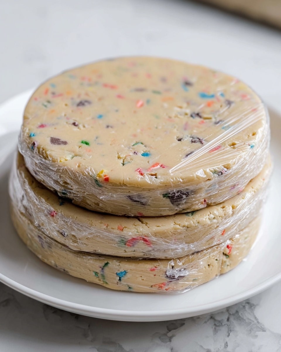 The image shows three thick, round discs of cookie dough stacked on top of each other on a white plate. Each disc has a light beige color with small, colorful candy pieces and chocolate bits scattered throughout. The dough discs are tightly wrapped in clear plastic wrap, which has visible wrinkles and creases, giving a slightly shiny texture on the surface. The edges of the discs are uneven but hold their shape well. The plate rests on a white marbled surface. photo taken with an iphone --ar 4:5 --v 7