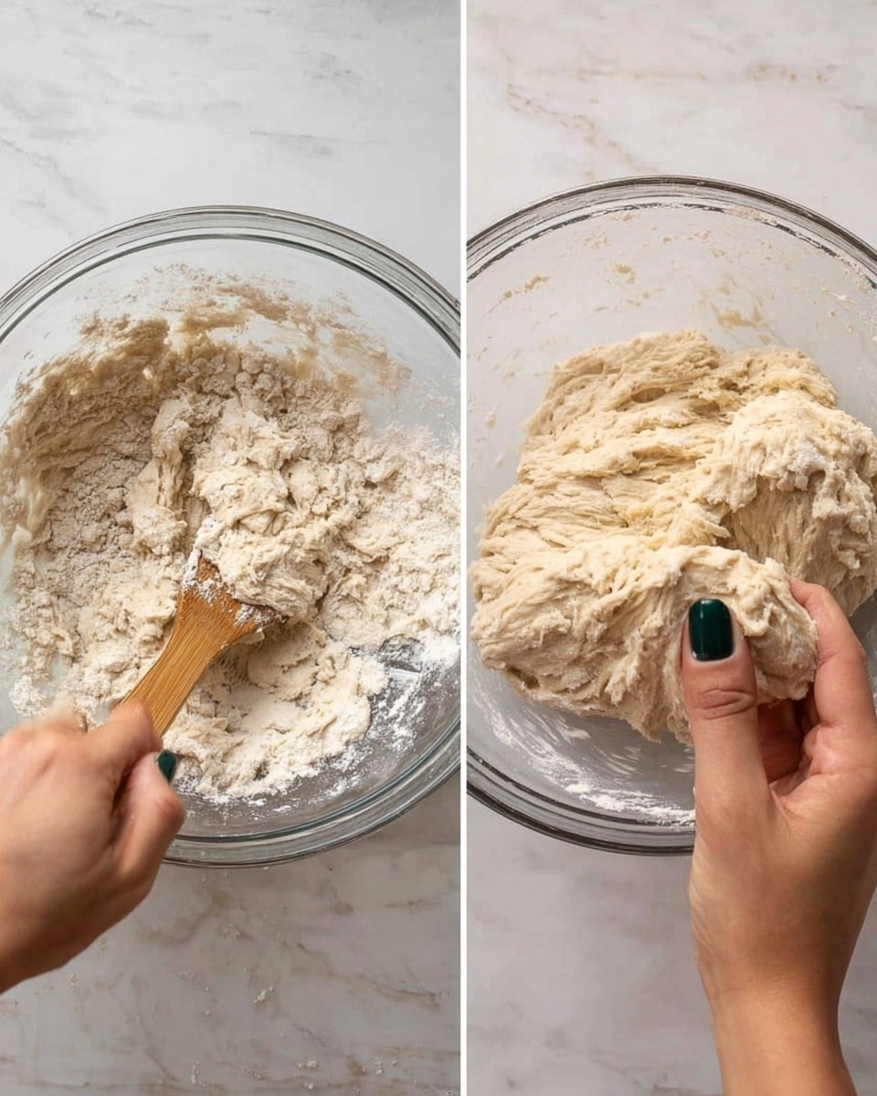 The image shows two side-by-side views of dough being mixed and kneaded inside a clear glass bowl placed on a white marbled surface. On the left side, a woman's hand uses a wooden spatula to mix rough, sticky dough with visible bits of flour on the surface and sides of the bowl. On the right side, a woman's hand with dark green painted nails lifts the textured, elastic dough from the bowl, showing the stretchy and soft quality of the dough with some flour still clinging inside. The clear bowl allows seeing all the dough textures clearly. Photo taken with an iphone --ar 4:5 --v 7