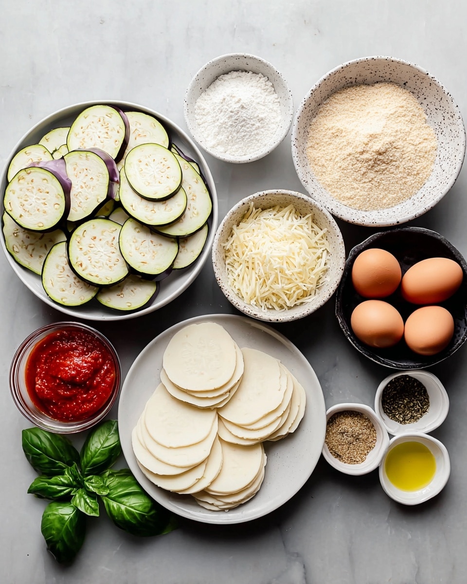 The image shows an overhead view of ingredients neatly arranged on a white marbled surface. On the left side, there is a white bowl filled with several thin, round slices of eggplant showing a light purple edge and pale inside with small seeds. Above it, a white bowl contains white flour, and next to it is a small round bowl with white powder, likely salt. To the right, in a speckled white bowl, there are fine beige bread crumbs. Below, a white bowl is stacked with white, round slices of cheese. Next to it, another bowl holds shredded white cheese. On the far right, a dark bowl contains four brown eggs. Near the eggs, a small clear bowl holds red tomato sauce. There are also two small white dishes at the bottom right with yellow oil and various mixed dry spices. Fresh green basil leaves rest on the far left. The setup is clean and organized, with the colors contrasting well against the white marbled surface. Photo taken with an iphone --ar 4:5 --v 7