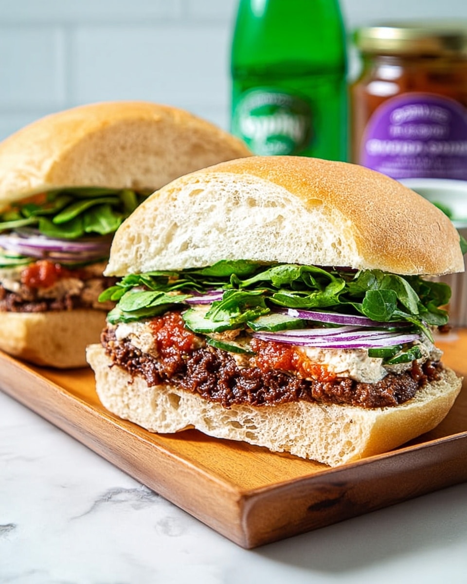 The image shows two sandwiches on a wooden tray with white marbled surface. Each sandwich has three main layers inside a soft, light brown bun. The bottom layer is a thick, dark spread with a rich texture. Above the spread, there is a layer of juicy, light beige meat followed by a bright red sauce. On top of the meat and sauce, there is a fresh, leafy green layer with thin slices of purple onion. The top bun is soft and light brown, slightly toasted. In the background, a green bottle and a jar with a purple label are slightly out of focus. photo taken with an iphone --ar 4:5 --v 7