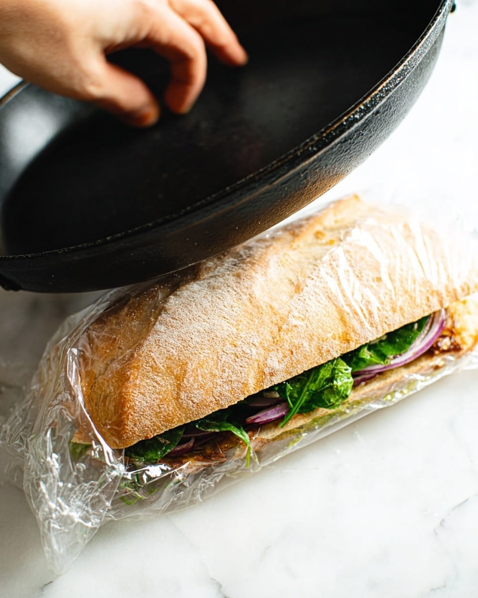 A sandwich wrapped in clear plastic wrap rests on a white marbled surface. The sandwich is made with a crusty, light brown bread roll. Inside, there are visible layers of green leafy vegetables and slices of purple onion peeking out from the side. A woman's hand holds a large black pan pressing down on the sandwich gently from above. The scene is bright and focused on the textures of the bread and the fresh ingredients. Photo taken with an iphone --ar 4:5 --v 7