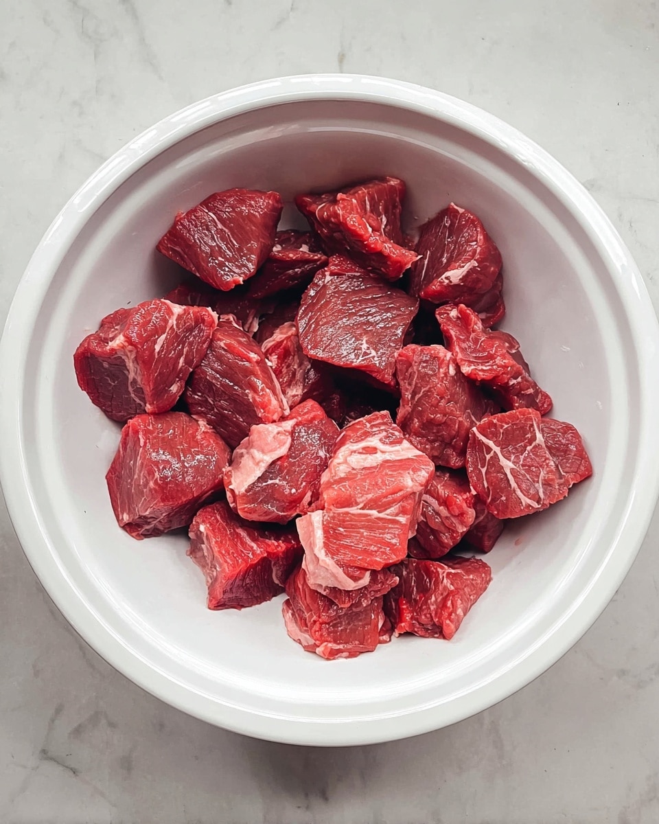 Inside a white bowl, there are many raw red meat chunks scattered around the bottom. Each piece has a rough texture with visible white fat lines, showing freshness and marbling. The bowl sits on a white marbled surface. Photo taken with an iphone --ar 4:5 --v 7