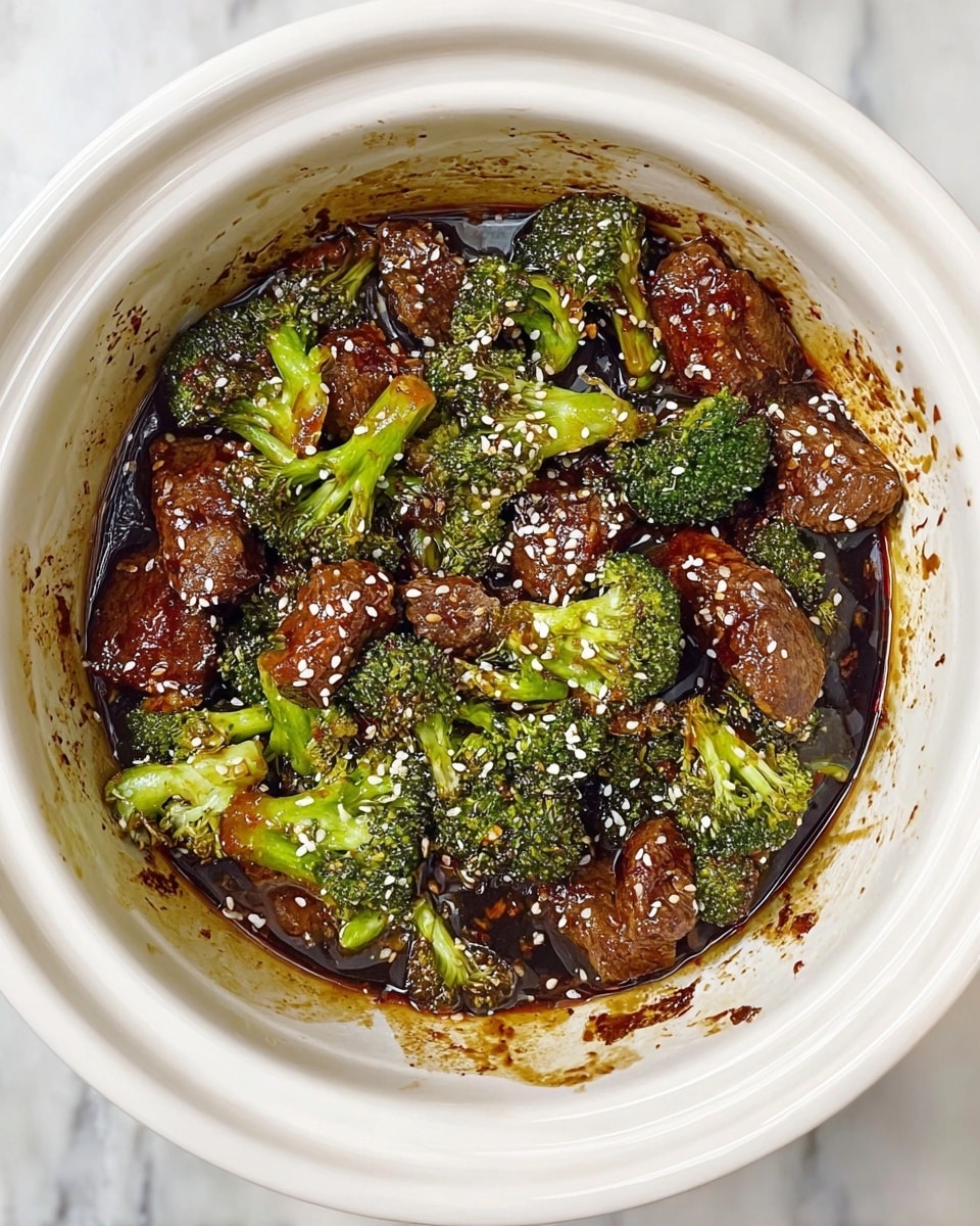 Inside a deep white bowl on a white marbled surface, there are dark brown chunks of meat mixed with bright green broccoli florets scattered evenly. Both ingredients are coated in a shiny dark sauce that pools at the bottom. White sesame seeds are sprinkled over the meat and broccoli, adding texture and contrast. The inner sides of the bowl show splattered sauce marks, indicating the dish was mixed well. Photo taken with an iphone --ar 4:5 --v 7
