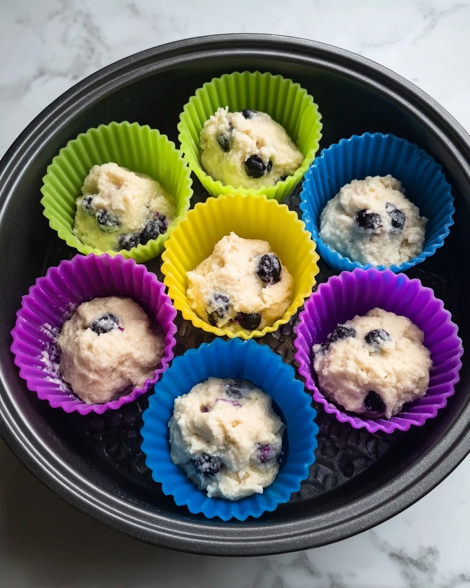The image shows six scoops of light cream-colored batter with dark blueberries mixed inside, placed in colorful silicone cupcake liners arranged in a circle inside a black steamer basket. There are two green liners at the top, two yellow liners on the left and center, one blue liner on the right, and one purple liner at the bottom. The batter texture looks soft and slightly bumpy with visible blueberry pieces. The steamer basket sits on a white marbled surface. Photo taken with an iphone --ar 4:5 --v 7