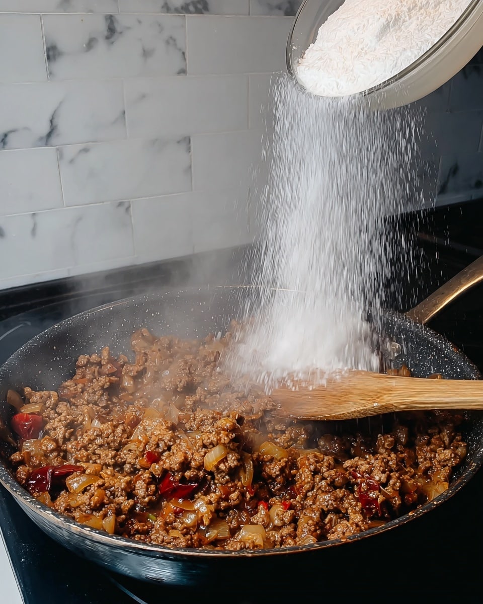This image shows a close-up of a wooden spoon holding a thick, rich sauce with ground meat, diced onions, and small red bits, all cooked together in a pan. The sauce has a glossy, reddish-brown color with visible pieces of soft onions and meat, and steam rises from the pan creating a fresh, hot look. The pan itself is black and cast-iron, resting on a white marbled surface. The background is softly blurred, showing some kitchen items in soft tones and a blue pot lid on the stove. photo taken with an iphone --ar 4:5 --v 7