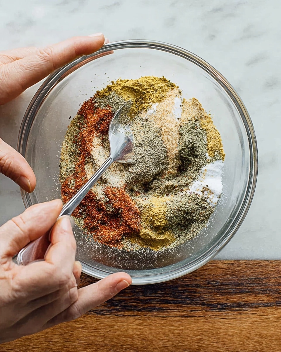 A clear glass bowl on a white marbled surface holds a mix of spices layered in different colors including green, red, white, and yellow shades. A woman's hand is holding the bowl steady, while another woman's hand stirs the spices with a silver spoon inside the bowl. The surface behind the bowl is a white marbled texture visible around the edges of the photo taken with an iphone --ar 4:5 --v 7