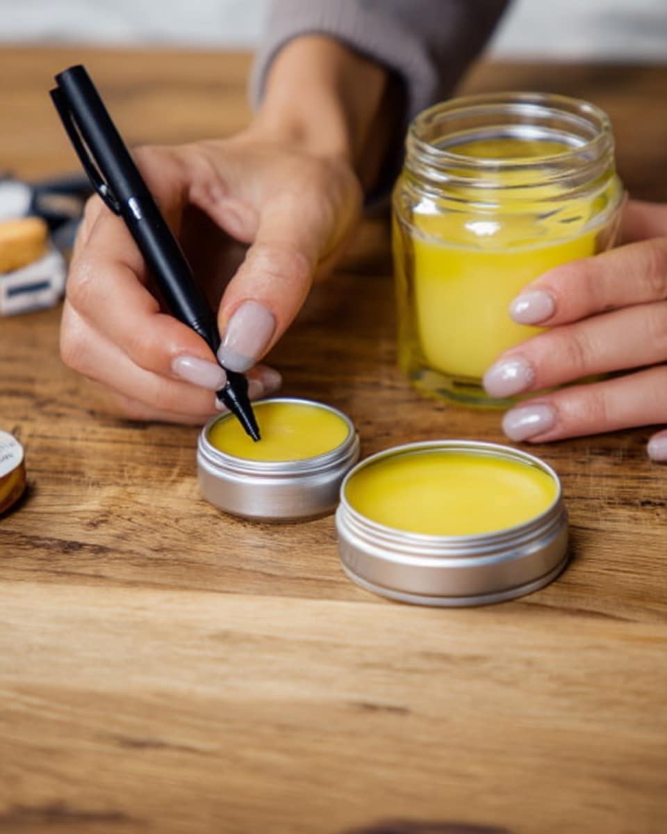 The image shows a woman’s hand holding a black marker, writing or drawing on the silver metal lid of a small round container that is filled with yellow cream or balm. Next to it is a larger round jar made of clear glass, also filled with the same yellow substance. Both containers are placed on a wooden table with some other small items partially visible in the background. The background and surface have been changed to a white marbled texture. Photo taken with an iphone --ar 4:5 --v 7