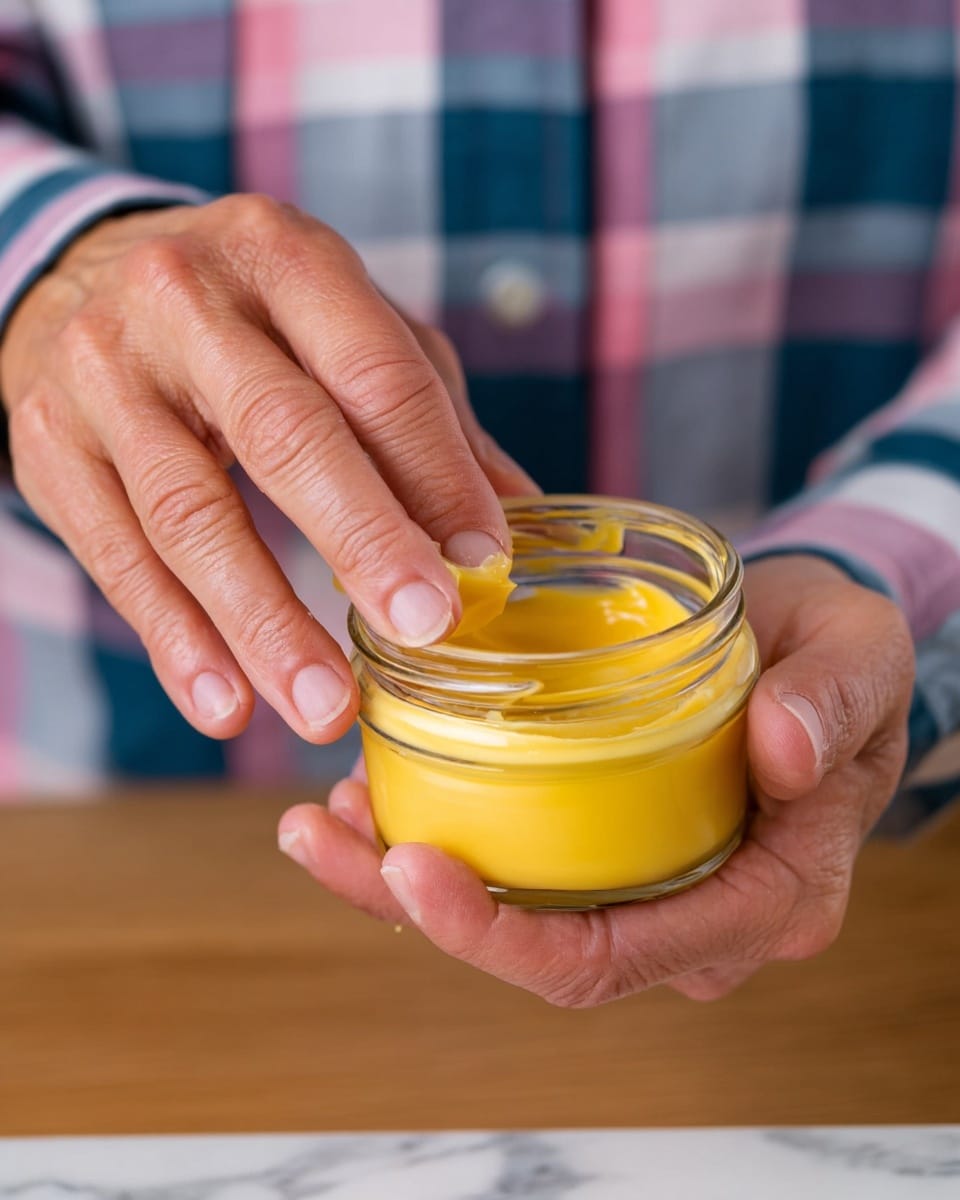 The image shows a close-up of a woman's hand dipping two fingers into a small glass jar filled with smooth, bright yellow cream or butter. The jar is held by both hands, with the woman's hand on the left side touching the cream and the other hand holding the jar steady. The background is softly blurred, focusing on the glossy texture of the yellow cream inside the clear glass jar. The woman is wearing a checkered shirt with shades of blue, white, and pink. The scene is set against a white marbled surface. photo taken with an iphone --ar 4:5 --v 7