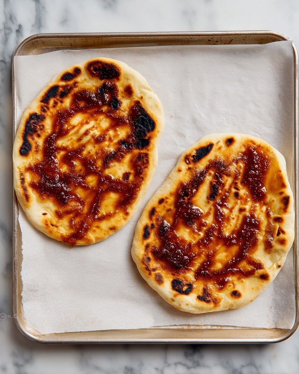 Two small round flatbreads sit side by side on a white parchment-lined baking tray. Each flatbread has a lightly browned surface with some darker charred spots along the edges. Both flatbreads are generously spread with dark reddish-brown sauce in an uneven, swirling pattern that covers most of their tops. The tray rests on a white marbled texture surface. photo taken with an iphone --ar 4:5 --v 7