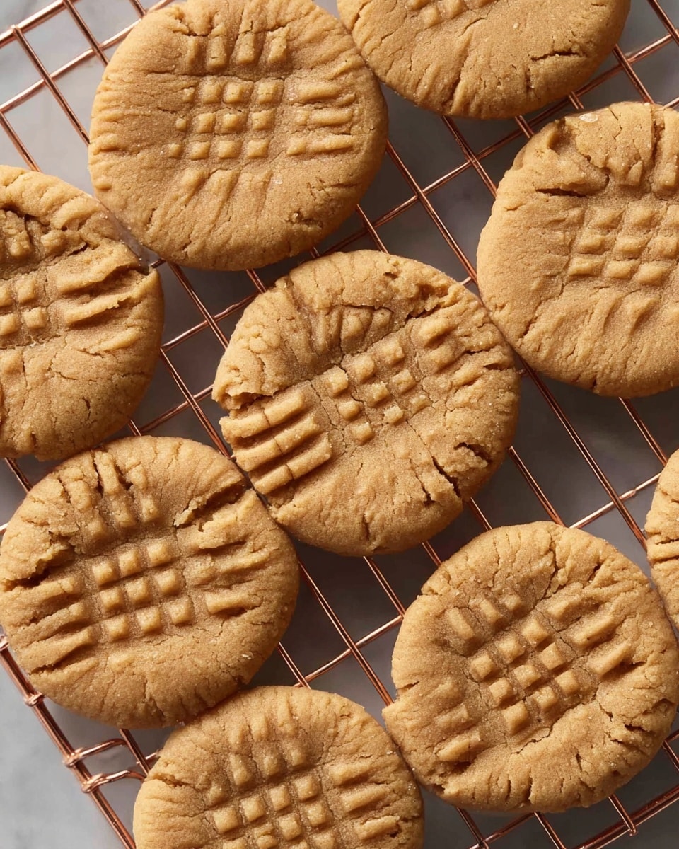 The image shows a close-up of nine round peanut butter cookies arranged closely together on a copper cooling rack. Each cookie has a light brown color with a soft, crumbly texture and a crisscross fork pattern pressed into the top, creating darker lines in the dough. The cookies look fresh and slightly thick, with small cracks around the edges. The surface under the rack is a smooth white marble texture. photo taken with an iphone --ar 4:5 --v 7