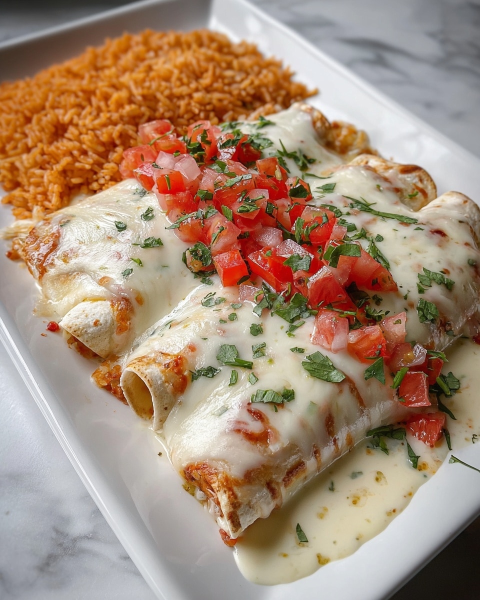 The image shows two rolled tortillas on a white rectangular plate, covered with a thick layer of melted white cheese sauce mixed with small pieces of tomatoes and herbs. On top of the cheese sauce are diced bright red tomatoes and finely chopped green cilantro, adding color contrast. The tortillas have a slightly golden-brown edge, and the cheese sauce is slightly flowing onto the plate. At the back of the plate, there is a heap of orange-brown rice with a soft texture. The plate is placed on a white marbled surface. photo taken with an iphone --ar 4:5 --v 7