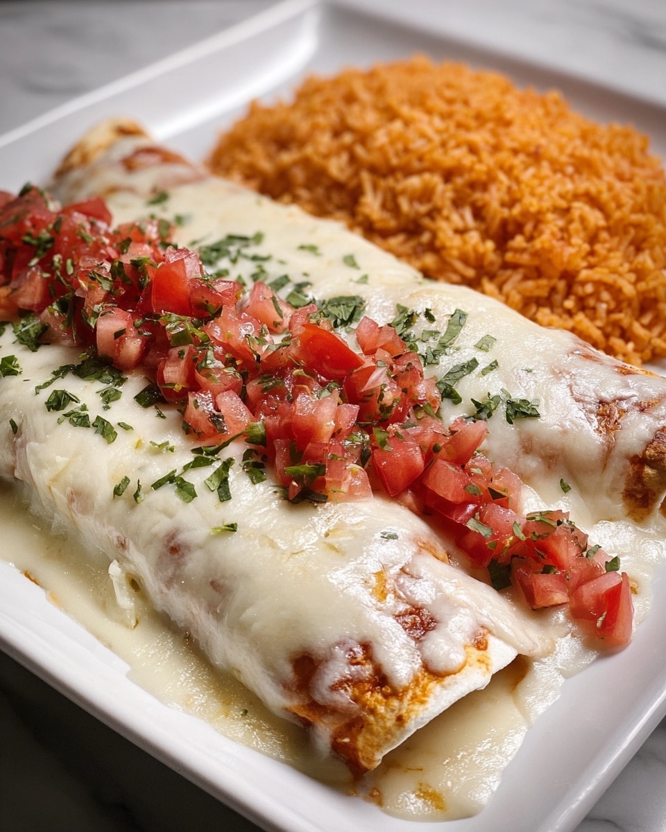 The image shows two rolled tortillas placed side by side on a white plate, each covered with a smooth, white melted cheese sauce that has hints of red sauce underneath. On top of the melted cheese, there is a line of finely chopped red tomatoes mixed with bits of green herbs, scattered evenly along the tortilla length. Beside the tortillas on the same plate, there is a generous mound of orange-colored rice with a fluffy texture. The plate sits on a white marbled surface, and the lighting highlights the creamy texture of the cheese and the fresh look of the tomatoes. photo taken with an iphone --ar 4:5 --v 7