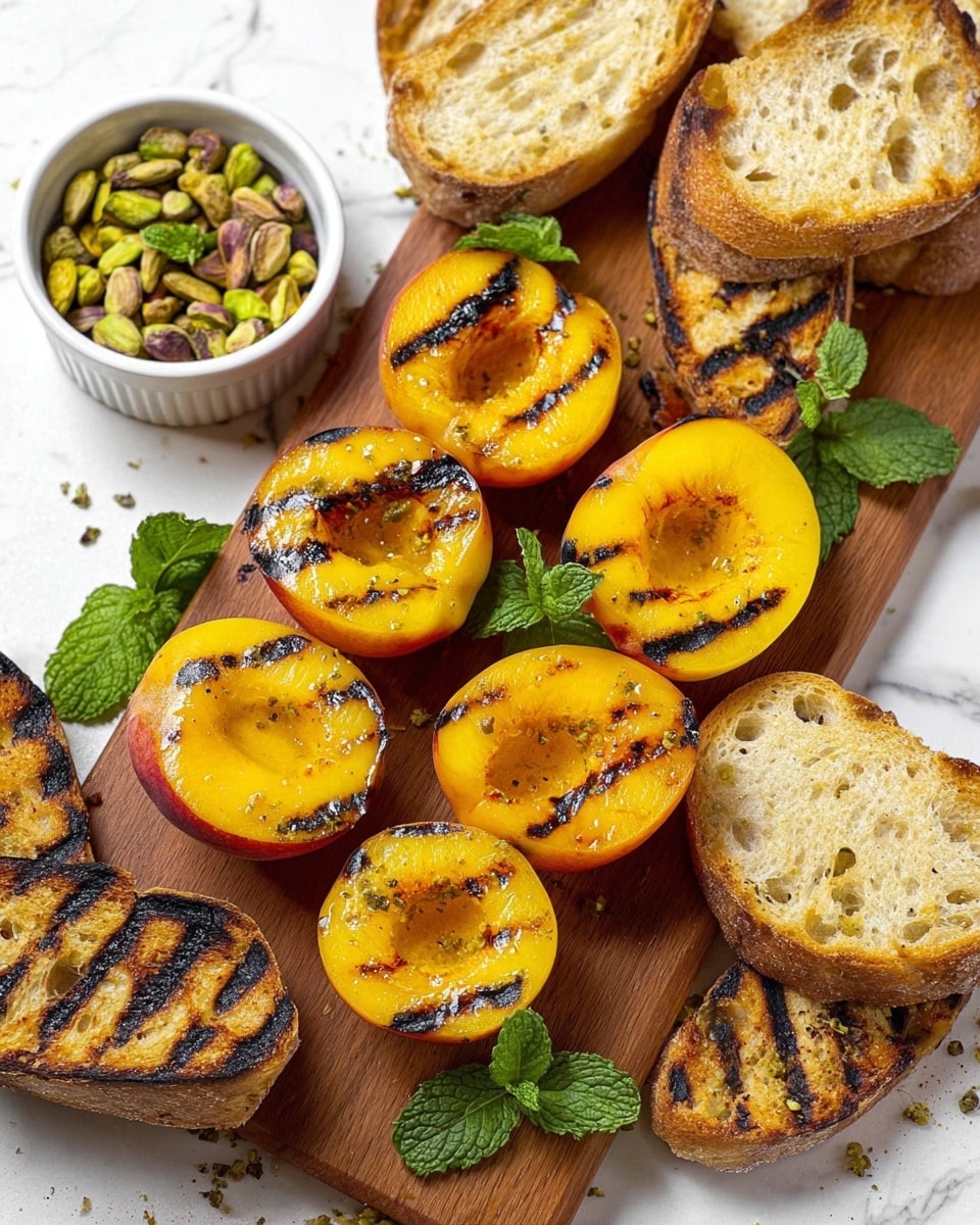 This image shows a wooden board with six grilled peach halves arranged in two rows, each peach half bright yellow-orange with dark grill lines across the fruit surface. Surrounding the peaches are several slices of grilled bread, light brown with prominent dark grill marks, placed at the bottom and top right of the board. To the left side of the peaches, a small white bowl holds green pistachio nuts, accented with a few fresh green mint leaves around and on the board. The background is a white marbled texture. photo taken with an iphone --ar 4:5 --v 7
