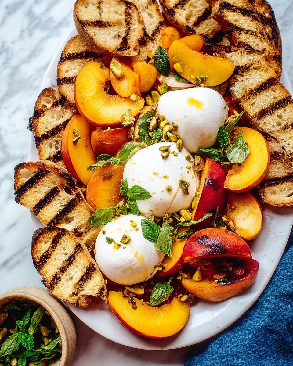 A white plate on a white marbled surface holds three smooth, round burrata balls placed close together in the center. Surrounding the burrata are bright orange and red grilled peach slices with light char marks, arranged in a loose circle. Around the edge of the plate, there are many toasted bread slices with dark grill lines, each piece golden brown and slightly crispy. Small green mint leaves are scattered on top of the peaches and burrata, adding fresh color. Some crushed nuts, likely pistachios, are lightly sprinkled over the dish. There is a small beige cup filled with extra green mint leaves near the bottom left of the plate. The setting includes a blue cloth napkin to the right side of the image. photo taken with an iphone --ar 4:5 --v 7
