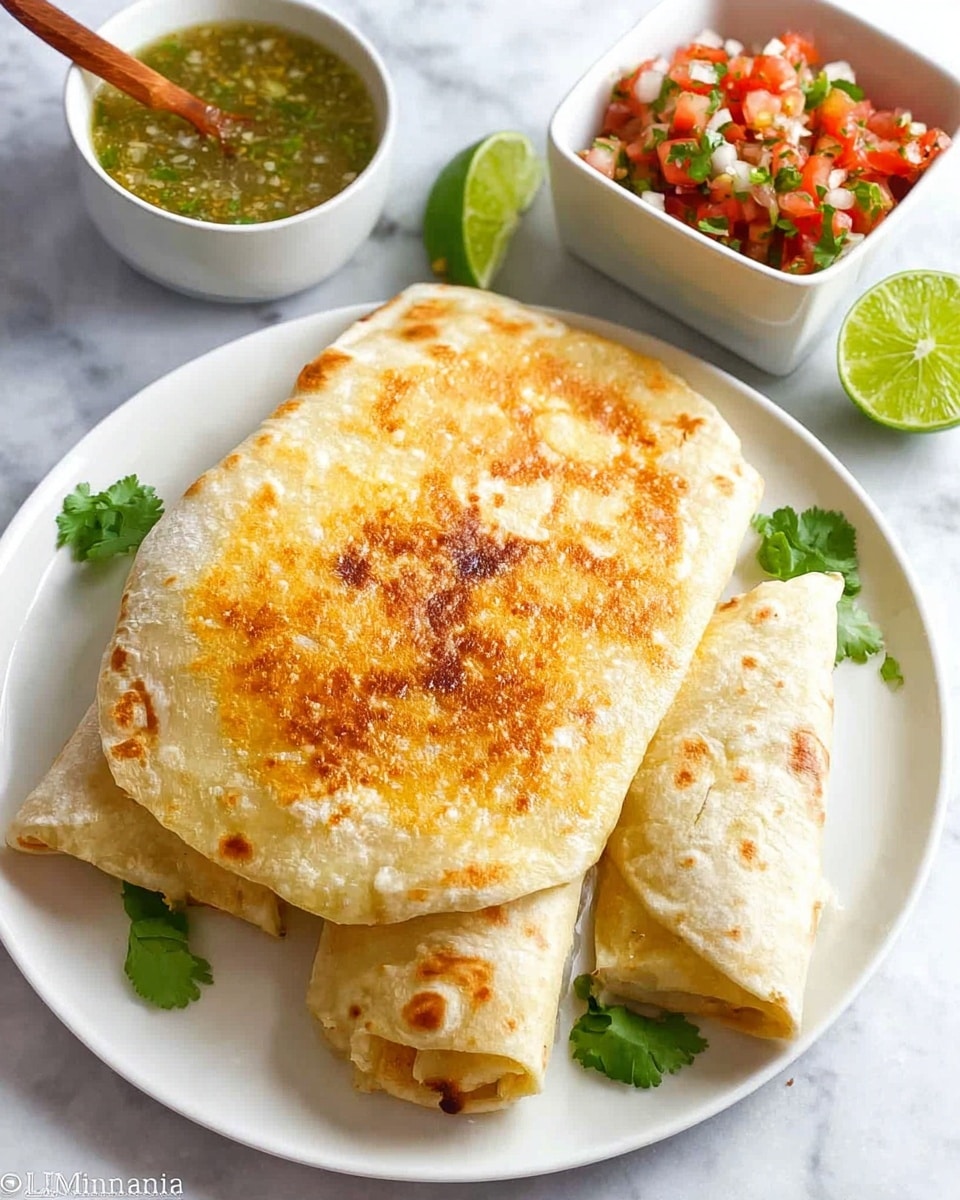 On a white round plate sits a large toasted burrito with a golden brown, slightly crispy texture on top, and two smaller folded burritos, also lightly toasted, showing soft wheat-colored tortillas with brown spots. The plate is garnished with a few sprigs of fresh green cilantro peeking out from under the burritos. Behind the plate, a small white square bowl holds bright red, white, and green pico de gallo with diced tomatoes, onions, and herbs. Next to it is a white bowl filled with green salsa, showing a slightly chunky texture with a wooden spoon resting inside. A halved lime with bright green skin and juicy pulp is visible between the two bowls on a white marbled surface. Photo taken with an iphone --ar 4:5 --v 7