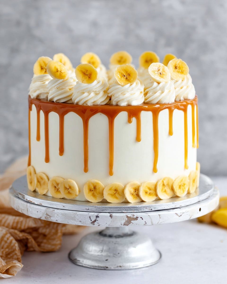 A round cake with smooth white frosting covering the whole outer layer stands on a silver cake stand with a marbled white base, placed on a white marbled surface. Bright golden caramel sauce drips evenly from the top edge down the sides of the cake in thin streams. On top, there are evenly spaced swirls of light cream around the edge, each topped with a single yellow banana chip. Around the bottom edge of the cake, more banana chips are placed in a neat line, adding texture and color contrast. Photo taken with an iphone --ar 4:5 --v 7