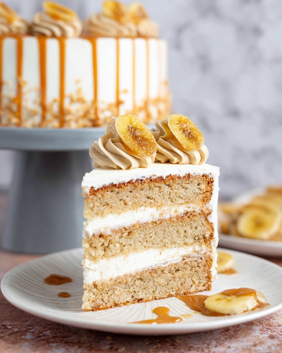 The image shows a close-up slice of a three-layer light tan cake with white frosting between each layer and covering the outside. On top, there are three small rosettes of light brown frosting, each topped with a chip of dried banana. The slice sits on a white plate with a few scattered dried banana chips and caramel sauce drizzled under and around the cake slice. In the background, slightly out of focus, there is the full round cake on a grey cake stand against a white marbled surface. photo taken with an iphone --ar 4:5 --v 7