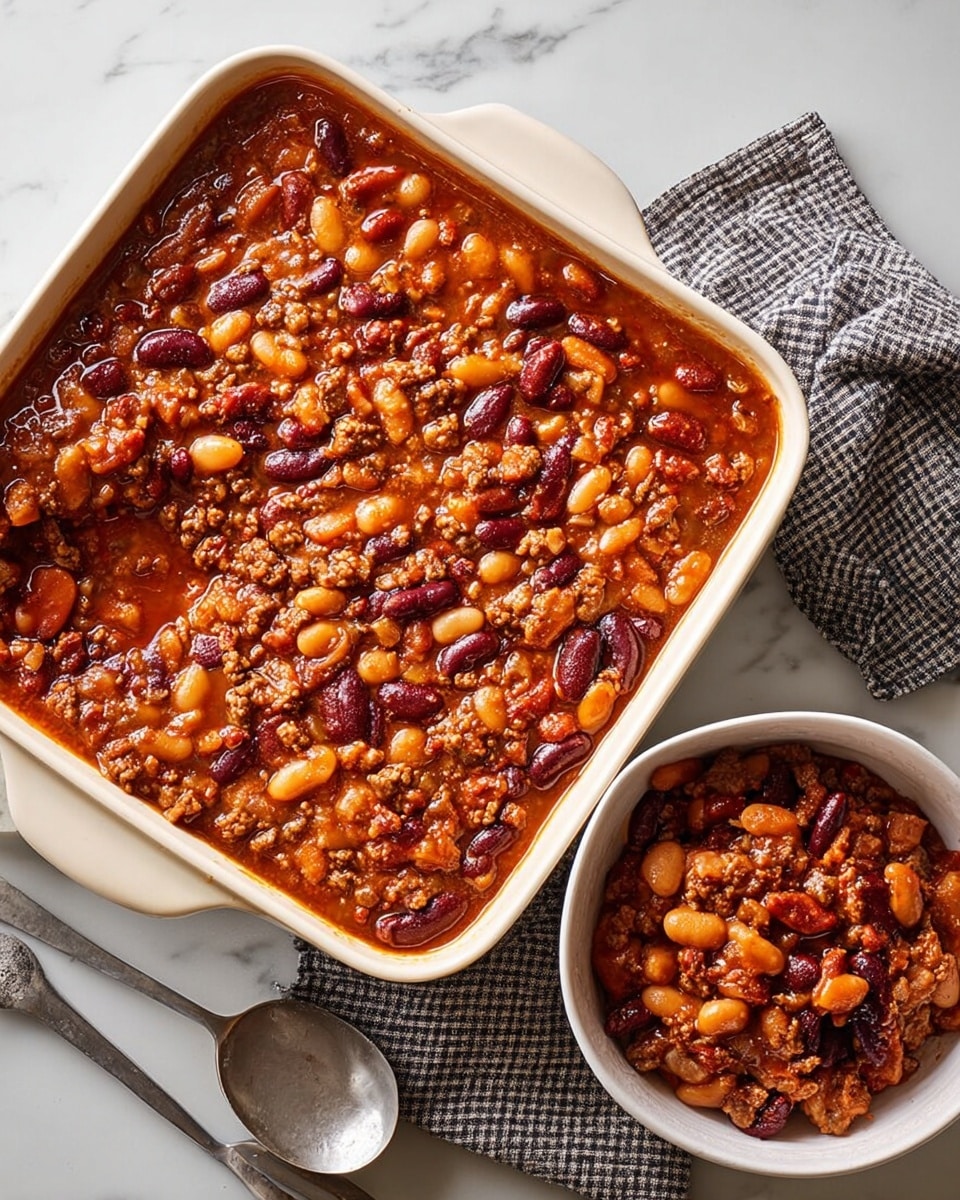 A square white baking dish filled with a thick mix of baked beans and ground meat in a rich, reddish-brown sauce. The beans are of different colors, including light beige, dark red, and brown, mixed evenly throughout the dish. The texture looks soft and hearty, with visible small pieces of meat spread within the beans. Next to the dish, a white bowl contains a smaller portion of the same bean and meat mixture. The scene is set on a white marbled surface with a folded checkered cloth nearby and a large metal spoon resting beside the baking dish. Photo taken with an iphone --ar 4:5 --v 7