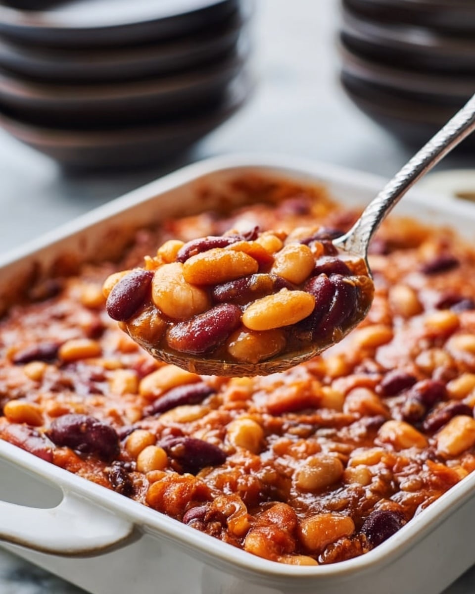 The image shows a close-up of a white square casserole dish filled with a mix of baked beans in a rich, thick orange-brown sauce. Various beans, including white, light orange, and dark red kidney beans, create a multi-colored textured layer covering the dish fully. A silver spoon lifts a scoop of the beans, showcasing the glossy beans and sauce clearly. The background features stacked dark bowls on a white marbled surface. Photo taken with an iphone --ar 4:5 --v 7