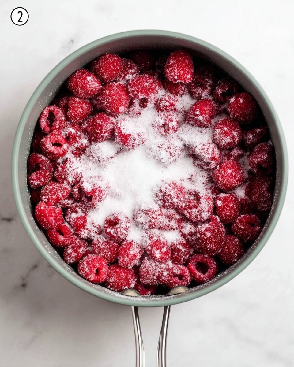 A gray cooking pot filled with a layer of bright red raspberries covered evenly with a layer of white granulated sugar. The raspberries have a rough texture and are tightly packed in the pot with the sugar sprinkled generously on top, creating a contrast between the red and white. The pot is placed on a white marbled surface, and the image is taken from a top-down angle. Photo taken with an iphone --ar 4:5 --v 7