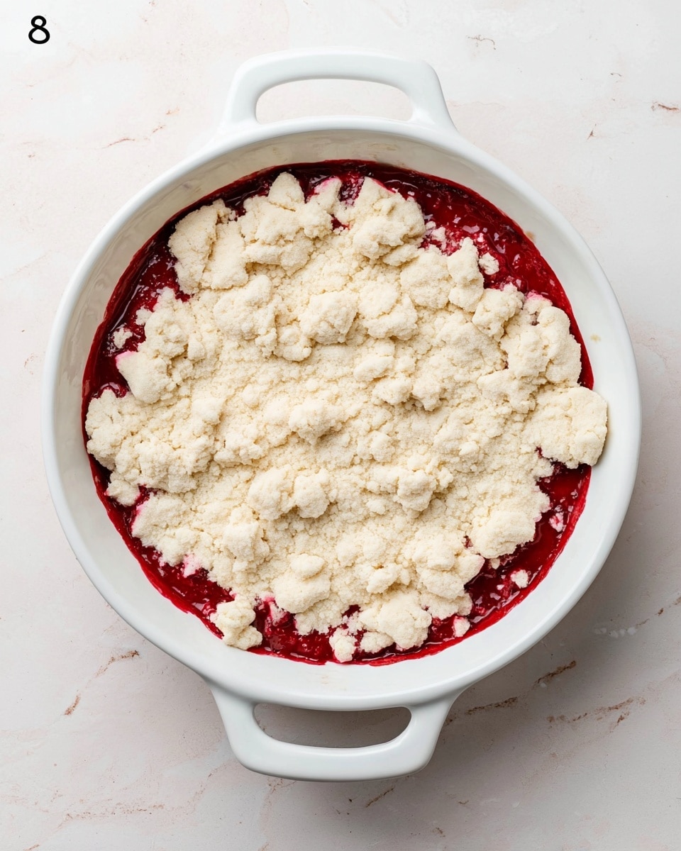 A white ceramic round baking dish with handles is filled with a dessert showing two visible layers. The bottom layer is thick and deep red, smooth with some texture from fruit filling. The top layer is uneven, rough, and pale beige, made of broken dough pieces spread loosely over the red layer, leaving small gaps where the red shows through. The dish is placed on a white marbled surface, and the image is bright with soft natural light. photo taken with an iphone --ar 4:5 --v 7