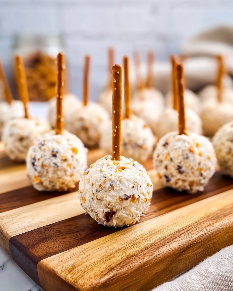 The image shows many small round cheese balls, each with a rough white outer layer mixed with bits of yellow and brown, giving a speckled look. Each cheese ball is standing upright with a thin, crunchy pretzel stick inserted straight down from the top center. The cheese balls are arranged evenly across a wooden board with different shades of brown wood grain patterns. The background has a soft focus with a white marbled surface and some blurred cloth and containers behind. The image is bright and sharp, with a close-up view that highlights the texture of the cheese and pretzel sticks. Photo taken with an iphone --ar 4:5 --v 7