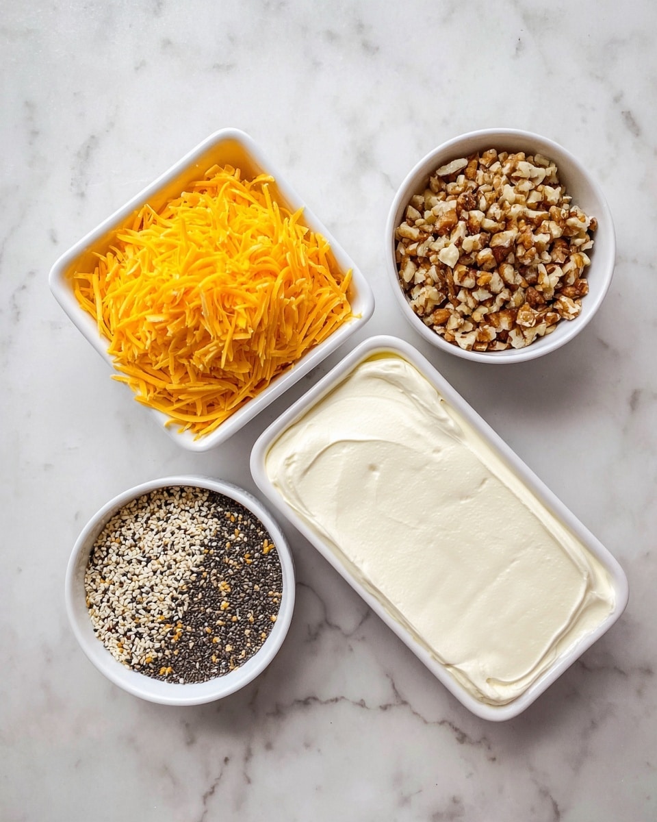 The image shows four containers placed on a white marbled texture. The top left container is white and filled with bright orange shredded cheese, appearing soft and thin. To the right, another white container holds finely chopped light brown nuts with a rough texture. Below the cheese, a third white container has a mix of small black, white, and sesame-colored seeds with a crunchy texture. The bottom right has a rectangular white dish filled with smooth and creamy cream cheese, covering the whole surface evenly. photo taken with an iphone --ar 4:5 --v 7
