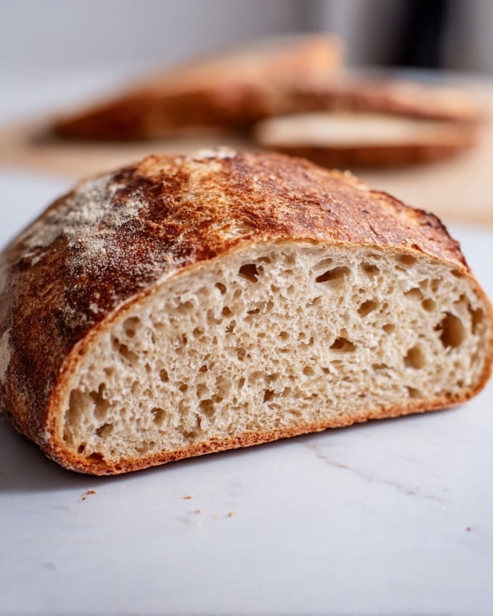 A close-up view of a half loaf of rustic bread placed on a white marbled surface, showing its light golden-brown and crispy crust on the outside with a soft, porous beige inside full of small and medium air pockets, creating a rough texture that looks fresh and inviting. In the background, there are blurred slices of the same bread. Photo taken with an iphone --ar 4:5 --v 7