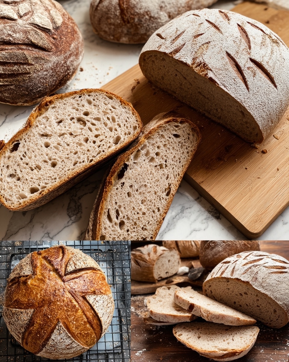 A collection of rustic sourdough breads is shown with various textures and shapes. The central image displays a loaf cut in half revealing a light brown inside with even holes and a thick, golden dark brown crust. To the right, a sliced loaf lays on a wooden board, its pale brown bread texture smooth with fine air holes. Above that, another loaf with artistic leaf patterns scored on top rests on a wood surface, showing a soft beige crust dusted lightly with flour. The bottom left corner features a round, deeply scored crusty loaf on a wire rack, showing a darker, more textured crust with contrasting lighter flour patterns. Next to it, another round loaf dusted with flour is placed on a wood board, with a warm brown crust and a pale, airy interior revealed by a cut half. The background surfaces are a white marbled texture or wood, and the breads highlight warm, natural earthy tones and textures photo taken with an iphone --ar 4:5 --v 7