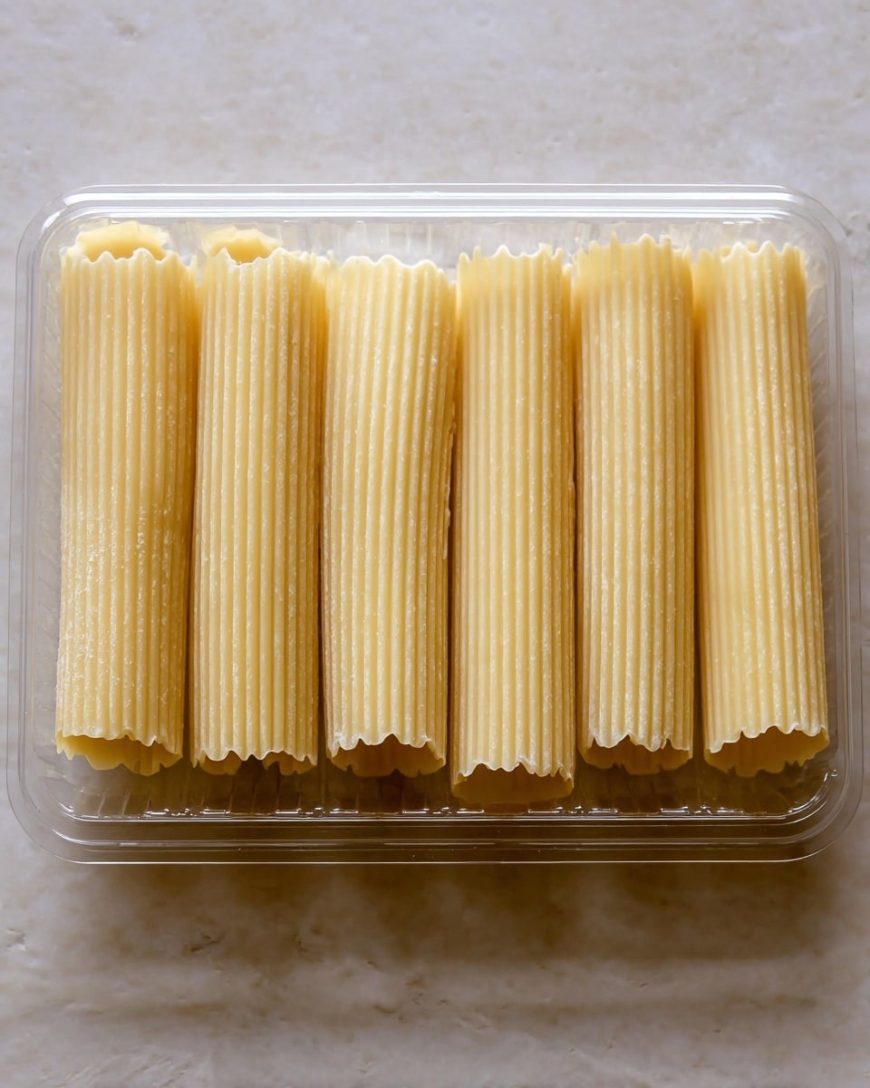 A clear plastic tray holds seven large, uncooked cannelloni pasta tubes arranged in a single row. Each tube is ribbed lengthwise with a pale yellow color and has a slightly scalloped opening. The tray sits on a surface with a white marbled texture that contrasts softly with the pasta. The scene is simple with even lighting, highlighting the texture and shape of the tubes. photo taken with an iphone --ar 4:5 --v 7