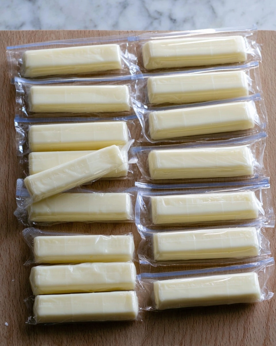 The image shows twelve white cheese sticks, each individually wrapped in clear plastic packaging. The cheese sticks are light creamy yellow in color, smooth in texture, and arranged mostly in two layers on a wooden surface with a white marbled texture background. Eleven sticks lie flat on the surface, aligned side by side horizontally, while one stick is placed on top of the others at a slight angle near the center of the image. The packaging reflects light softly, giving a glossy look to the cheese sticks. Photo taken with an iphone --ar 4:5 --v 7