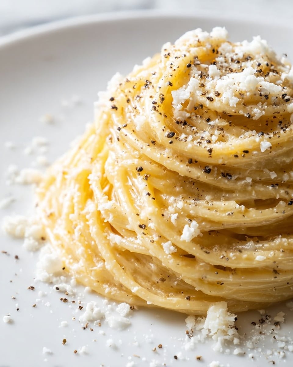 A close-up view of a simple pasta dish showing a circular pile of spaghetti on a white plate. The spaghetti is light yellow, smooth, and glistening with a light sauce. It is topped with small flakes of white cheese and sprinkled with coarsely ground black pepper, scattered unevenly across the pasta and plate. The background is a white marbled texture. photo taken with an iphone --ar 4:5 --v 7