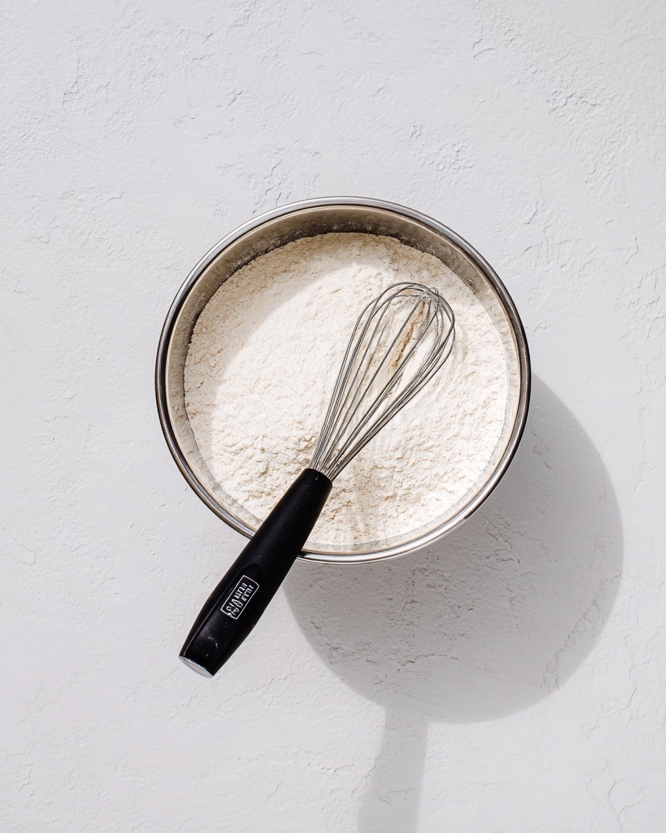 A steel mixing bowl filled with a dry white powdery substance, likely flour, sits centered on a white marbled surface. Inside the bowl, a black-handled metal whisk rests on top of the flour, with the handle extending outwards towards the right side, showing the brand name embossed on the handle. The light highlights the soft texture of the flour, and the shadow under the bowl adds depth to the simple scene. photo taken with an iphone --ar 4:5 --v 7