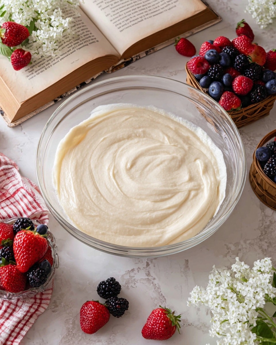 A clear glass bowl filled with a smooth, creamy off-white batter, with soft swirled textures visible on the surface. The bowl is placed on a white marbled texture. Around the bowl, there are fresh berries including bright red strawberries, plump blackberries, and dark blueberries inside small wooden baskets and scattered loosely. White flowers are placed around the scene, adding a fresh, delicate touch. An open book lies next to the bowl with a red and white checkered jar lid resting on its pages. Photo taken with an iphone --ar 4:5 --v 7